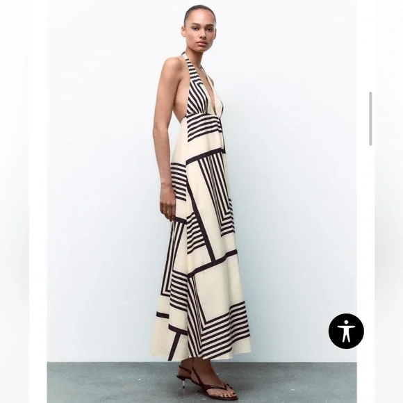 Zara Cream and Black Geometric Halter Midi Dress - Picture 3 of 7